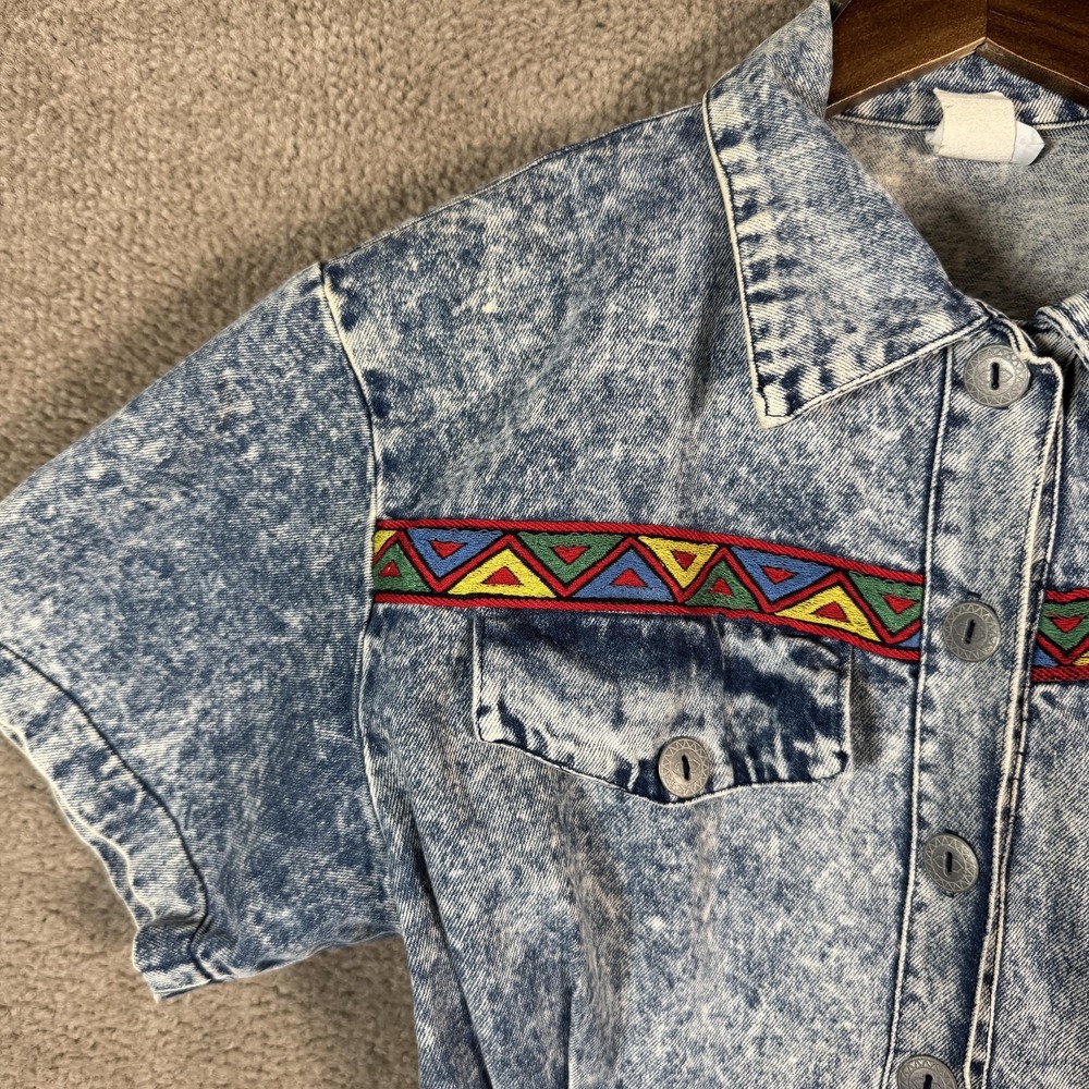 Vtg Oops‎ California Denim Shirt Dress Womens 7/9 Acid Wash Tribal Trim Grunge - Picture 3 of 13